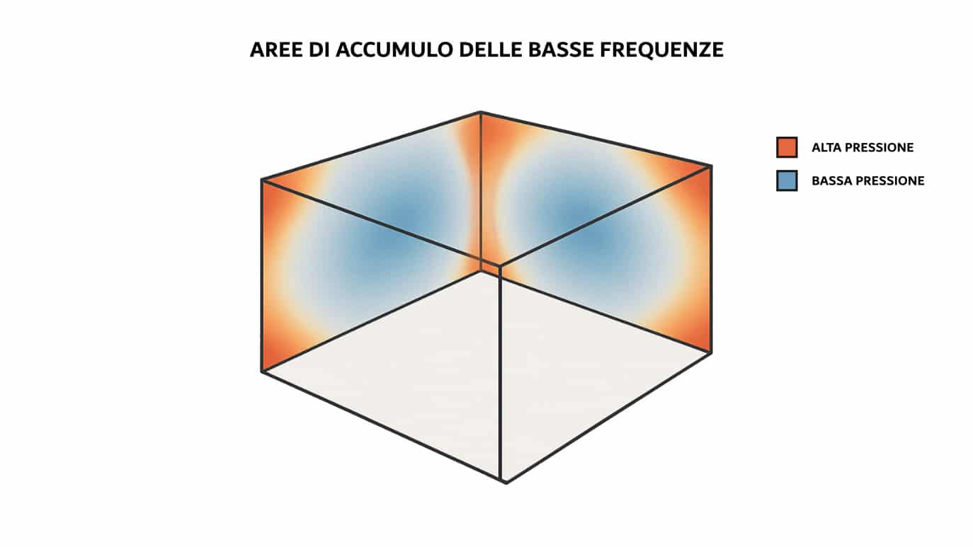 Illustrazione delle aree di accumulo delle basse frequenze all'interno di un stanza domestica