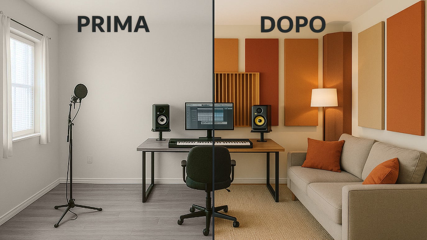 Trasformazione da una stanza normale a un ambiente acusticamente trattato mantenendo design e funzionalità.