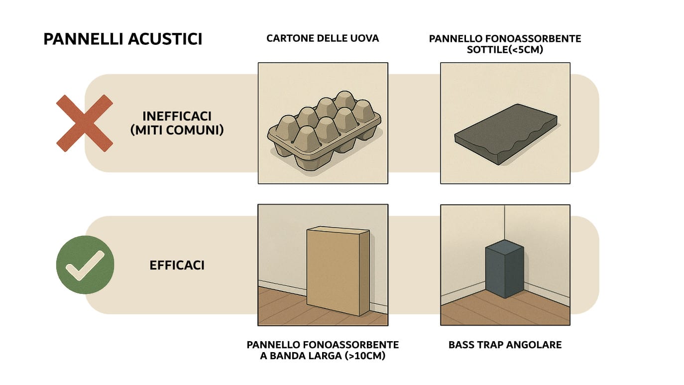 Immagine comparativa tra prodotti fonoassorbenti inefficaci (come le scatole delle uova, schiuma sottile) e soluzioni più efficaci (assorbitori a banda larga, trappole per bassi).