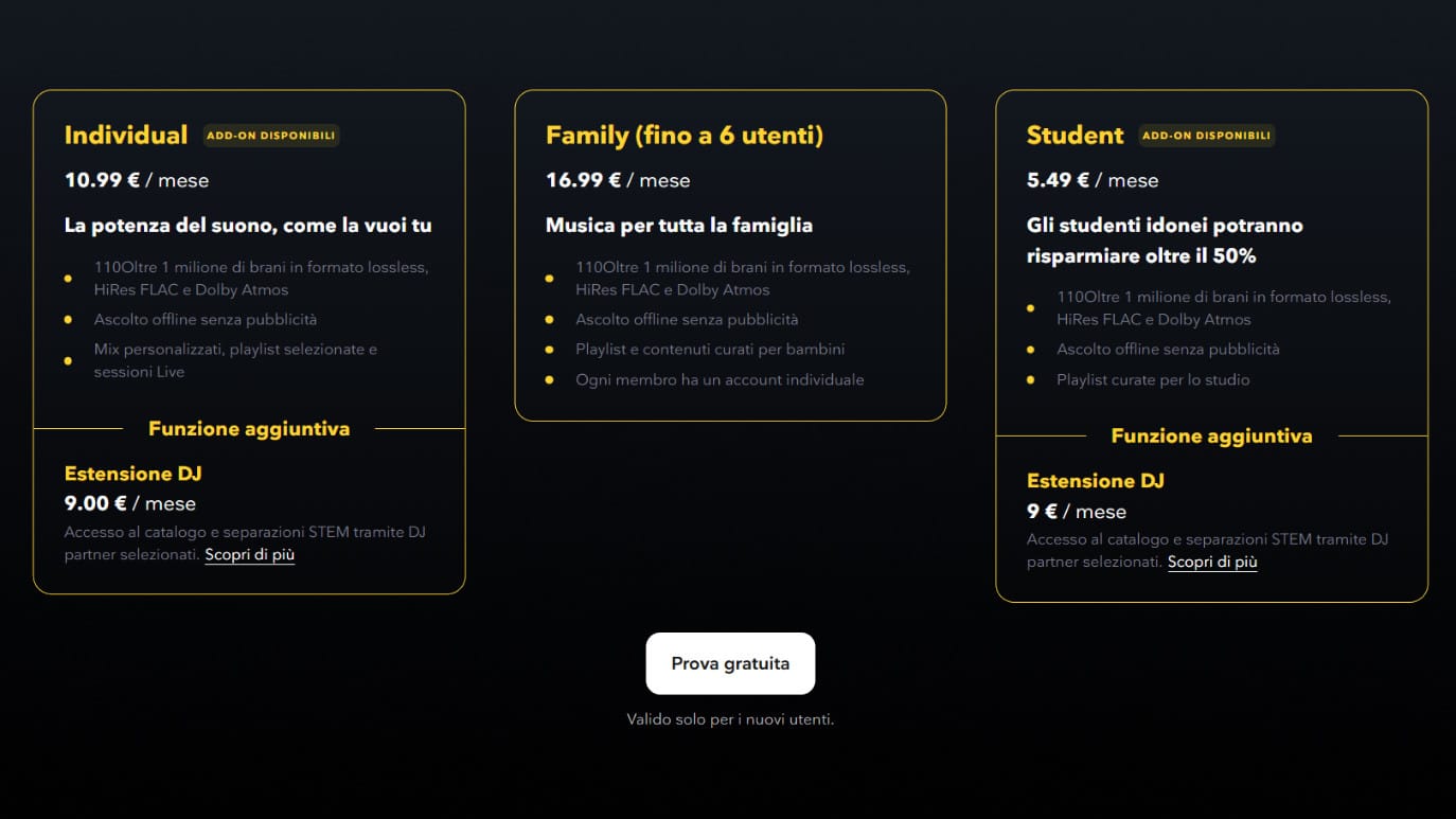 Tabella comparativa dei piani di abbonamento a Tidal