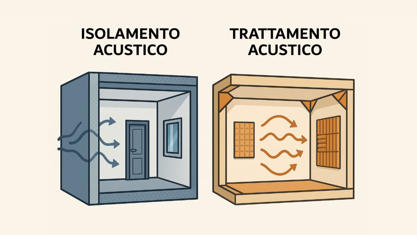Infografica per mostrare le differenze tra isolamento acustico e il trattamento acustico